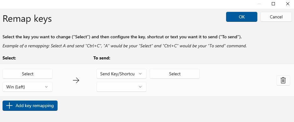 Remap keys window with Win Left shown as the selected source key