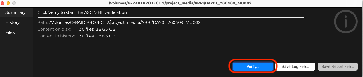 MediaVerify showing the folder path and a blue Verify button ready to click