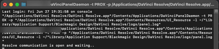 Terminal window showing the message Resolve communication is open and waiting