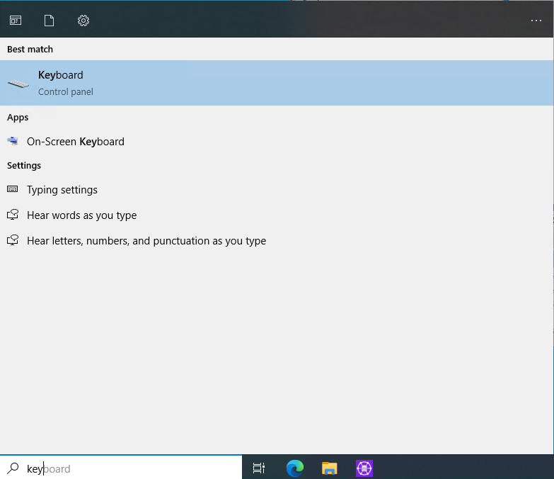 Windows search results showing On-Screen Keyboard