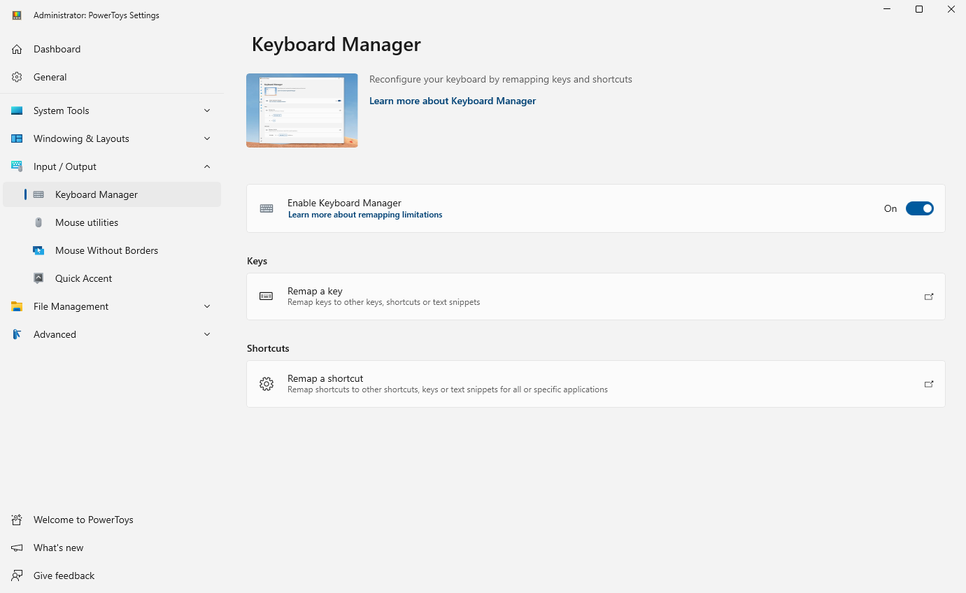 PowerToys Keyboard Manager settings with Enable Keyboard Manager toggled on