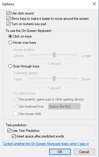 On-screen keyboard Options dialog with Turn on numeric key pad checked