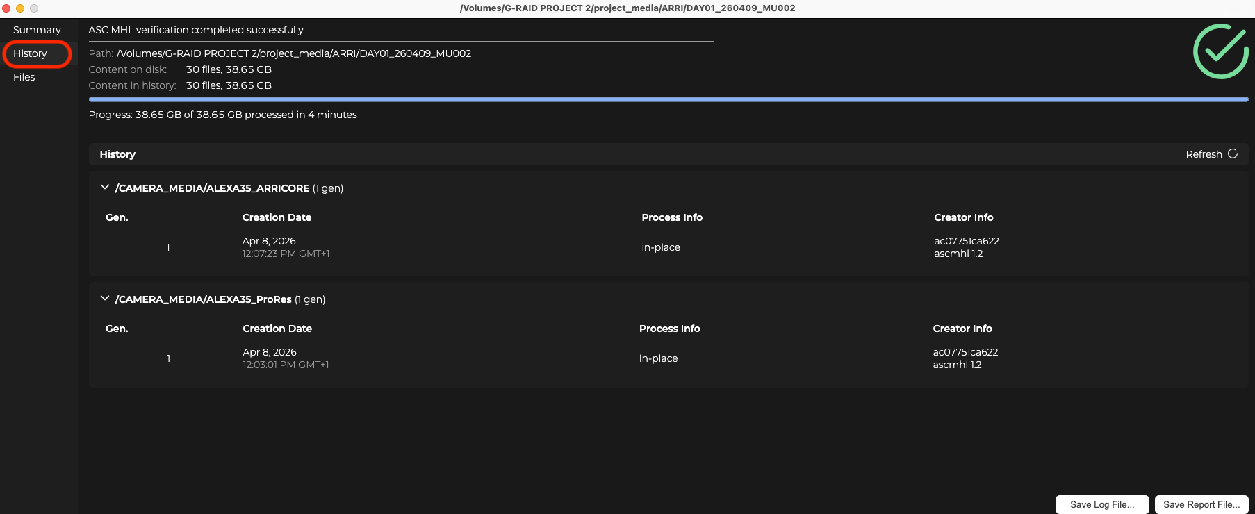 History tab showing processed MHL folders with generation and creation dates