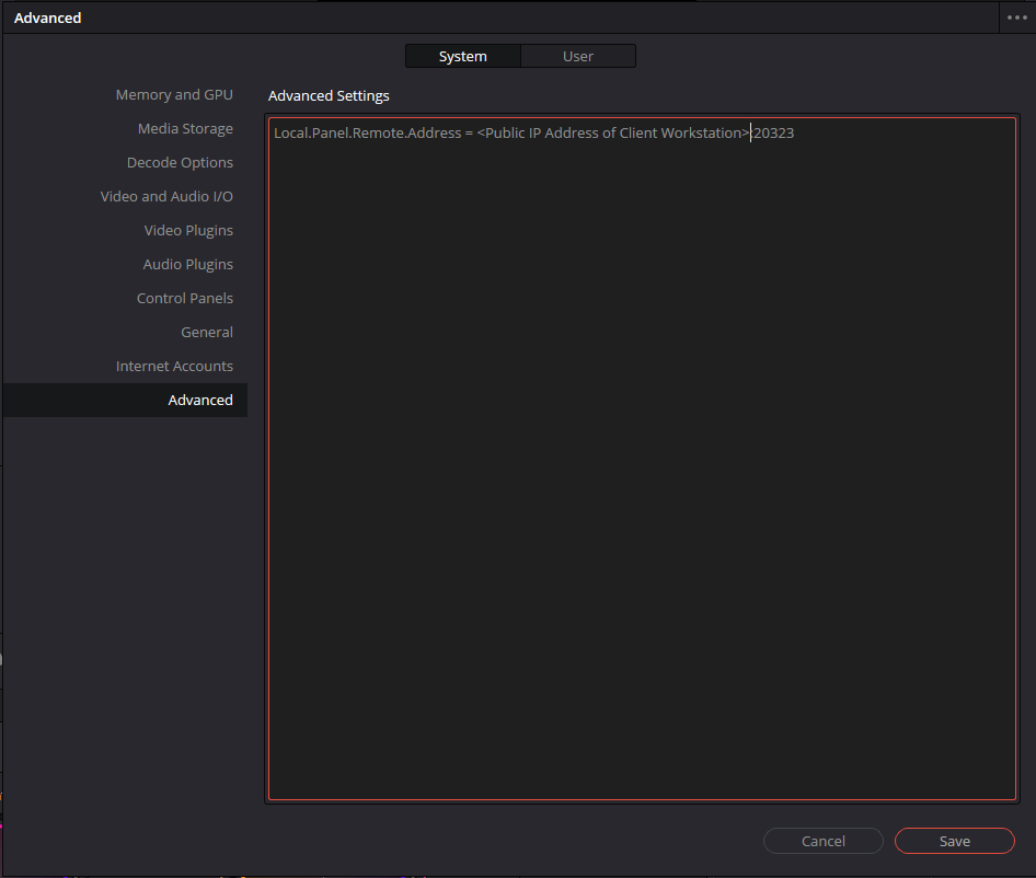 DaVinci Resolve Advanced Settings showing the Local.Panel.Remote.Address line