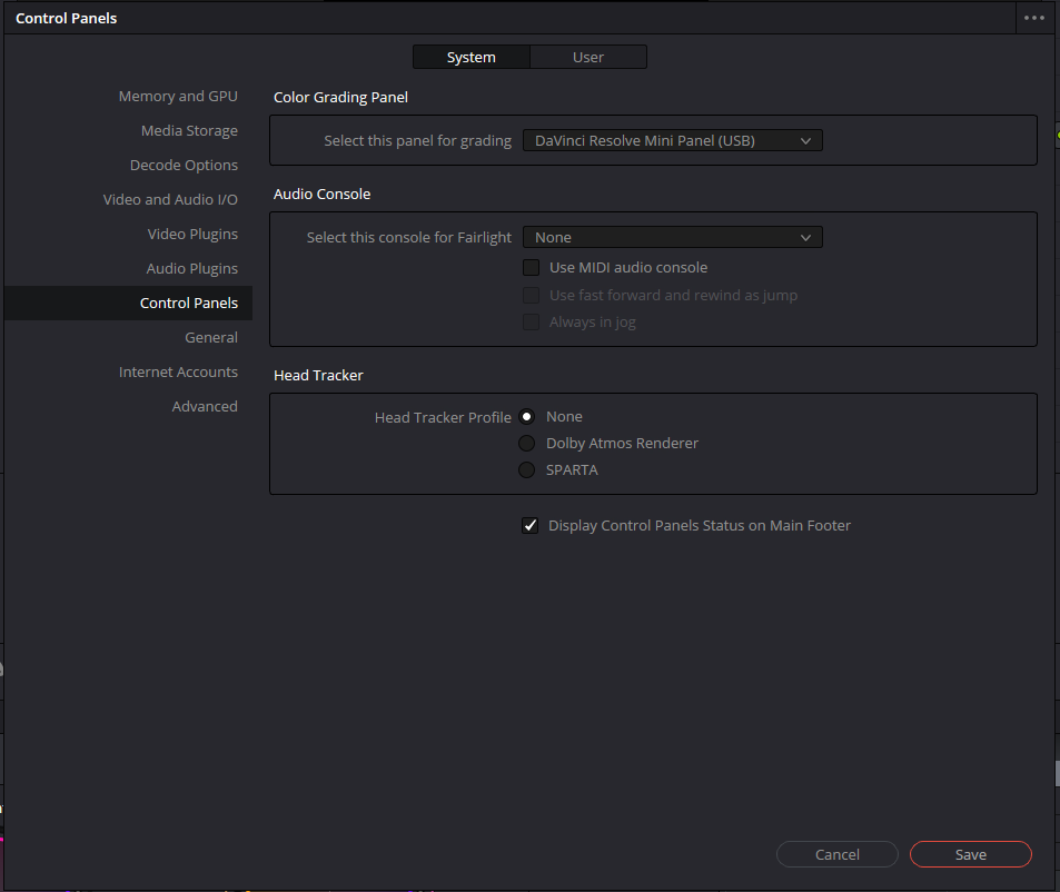 Control Panels preferences with a DaVinci Resolve Mini Panel selected for grading