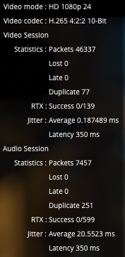 Statistics window showing video mode, codec, packet counts, jitter, and latency