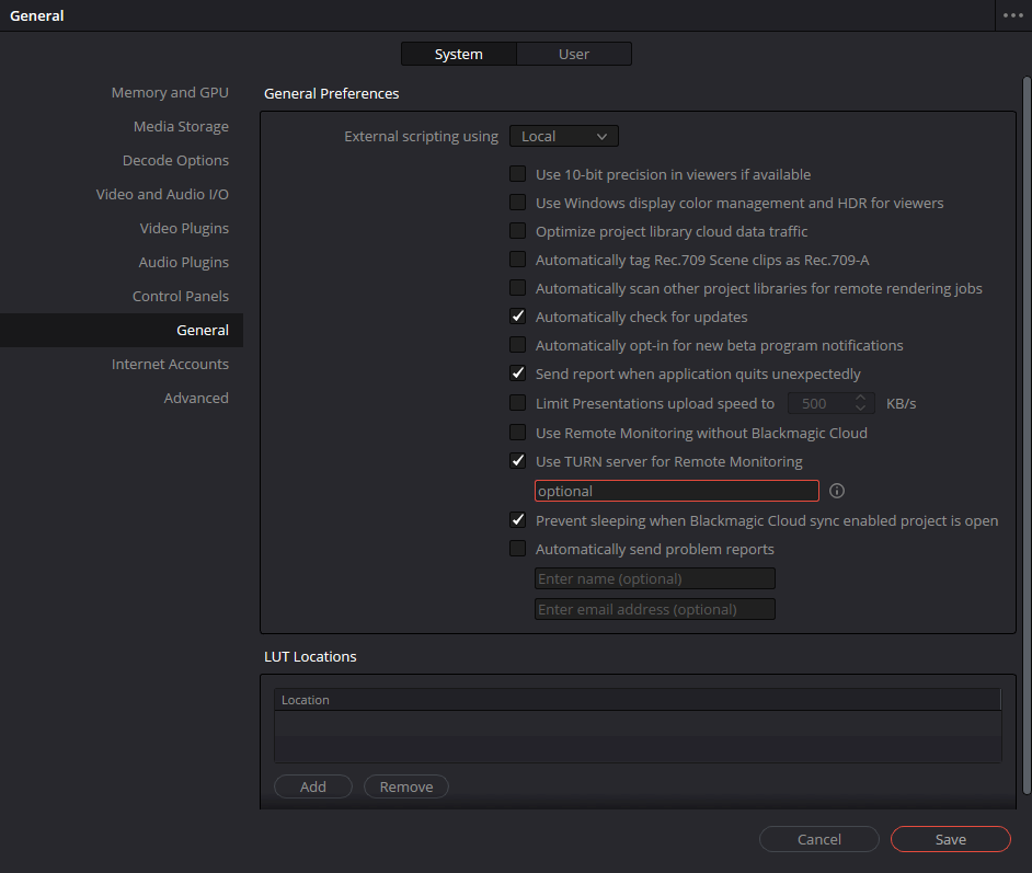 DaVinci Resolve Preferences, General tab, with Use TURN server for Remote Monitoring checked