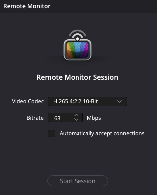 Remote Monitor Session dialog showing Video Codec and Bitrate settings